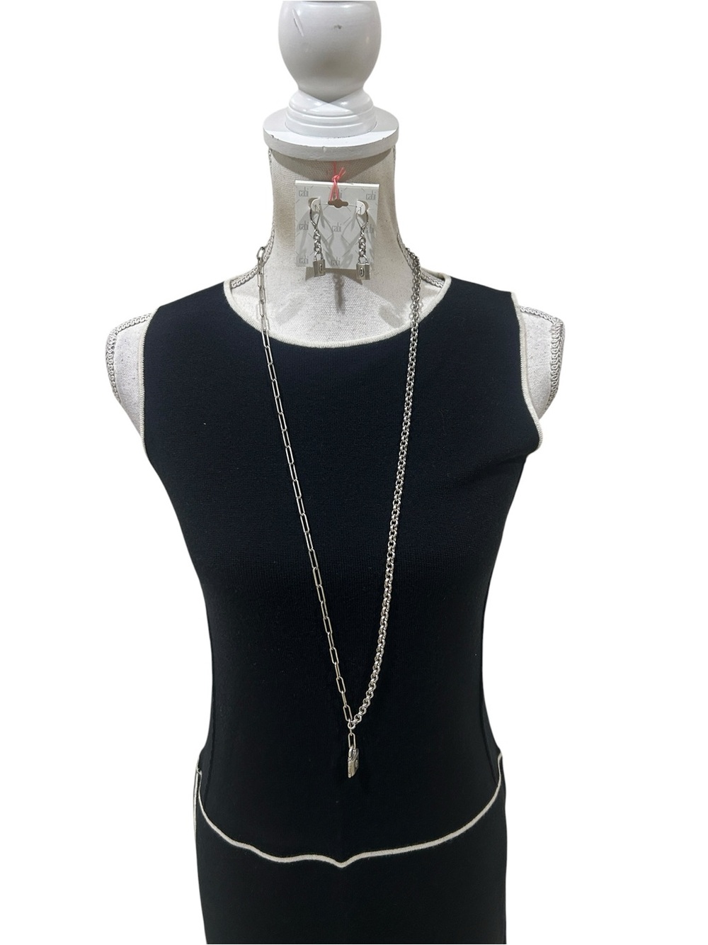 NWT CAbi Long Silver Mixed-Link lock Pendant Necklace & matching drop earrings